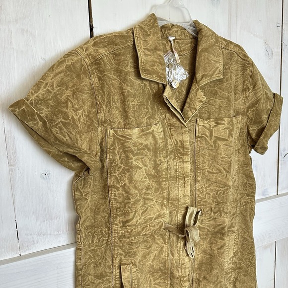 Free People Rhodes Chino Shorts Coverall‎ Sz XS Color Khaki Romper Linen Blend - Picture 4 of 8